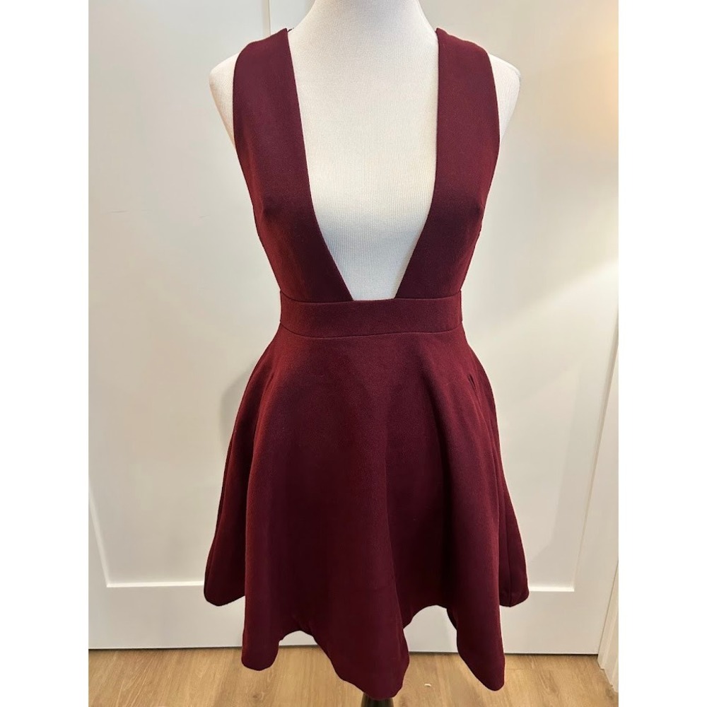Burgundy‎ Plunge V Neck Lace Trim Wool Dress Women's Schoolgirl Anime
